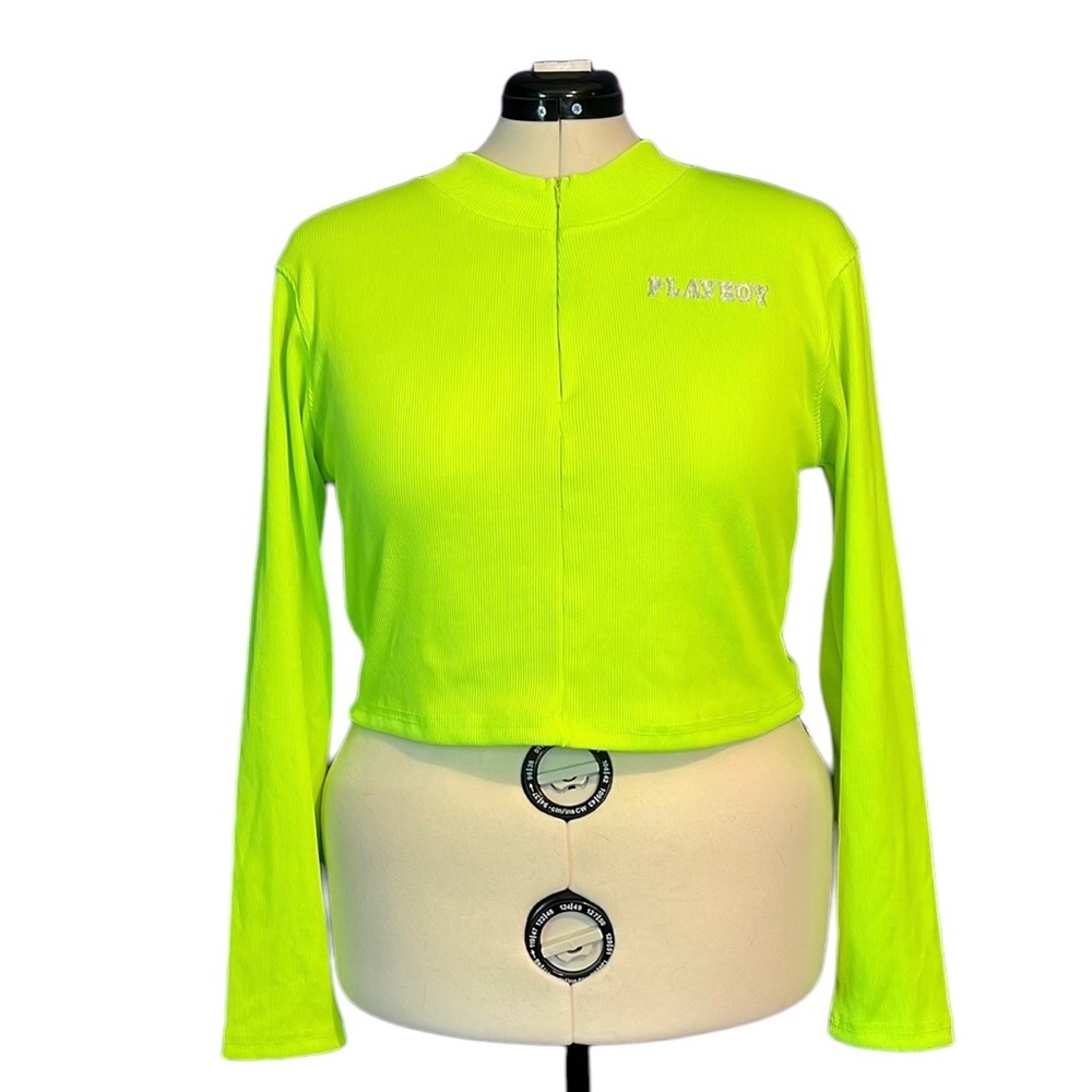 Playboy x MISSGUIDED Neon Lime 3/4 Zip Front Ribbed Crop Top Size 18